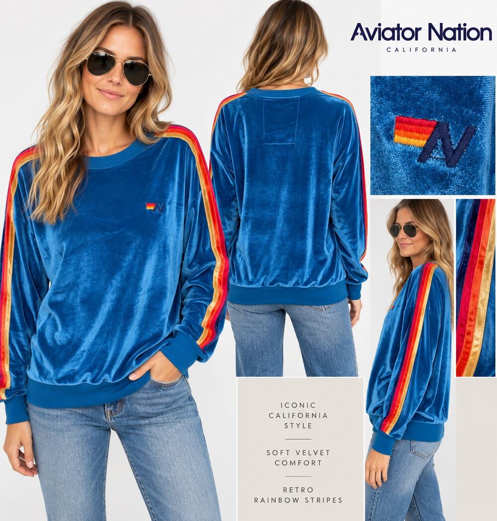 Aviator Nation Blue Velvet Rainbow Stripe Crewneck Sweatshirt Size M